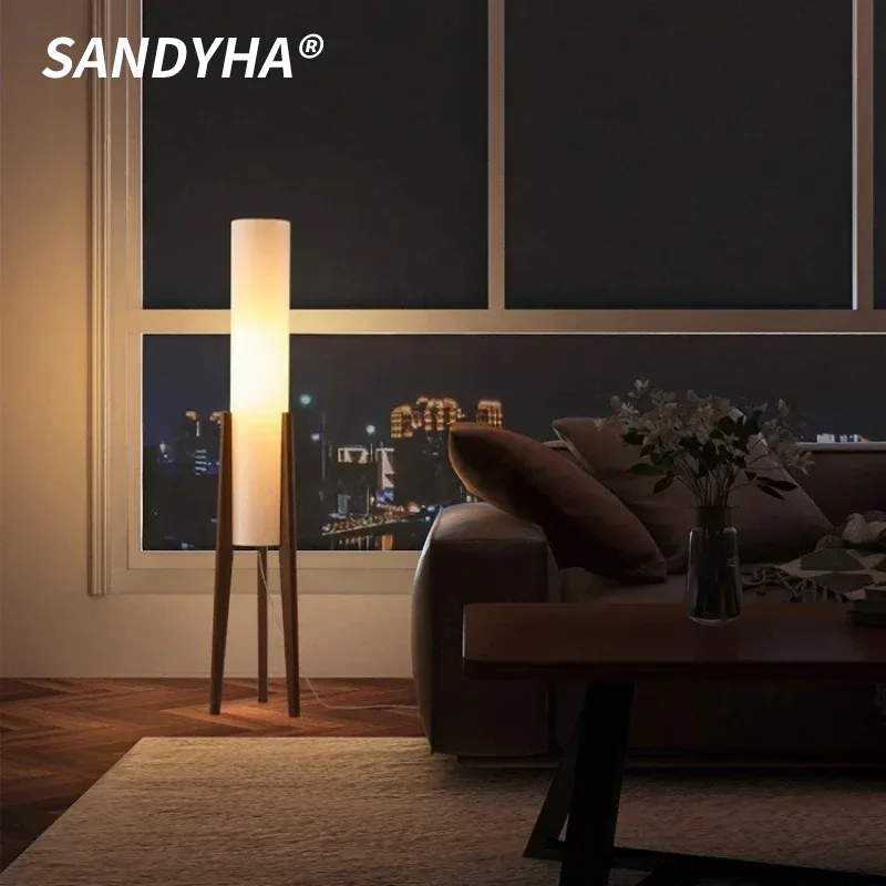 SANDYHA Elegant LED Retro Solid Wood Floor Lamps with White Fabric Shade Ideal for Bedroom Living Room Dining Room Home Decor