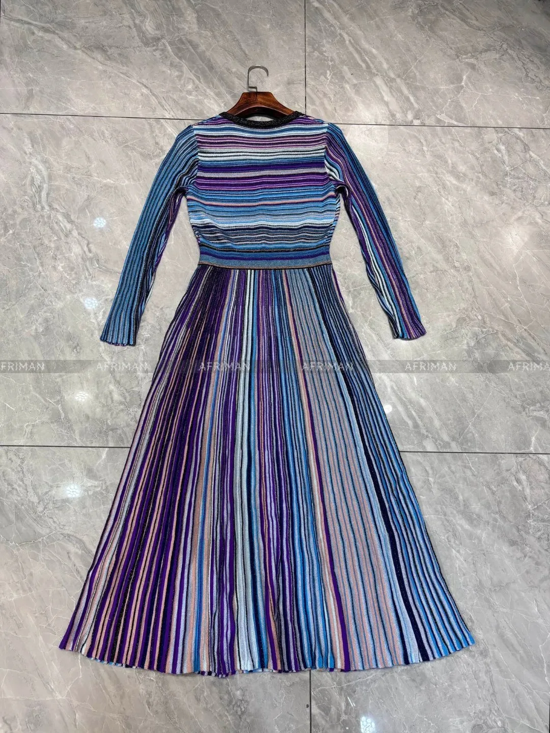 Women V Neck Long Sleeve Bright Silk Color Mosaic Stripe Waist Temperament Long Knitted Dress