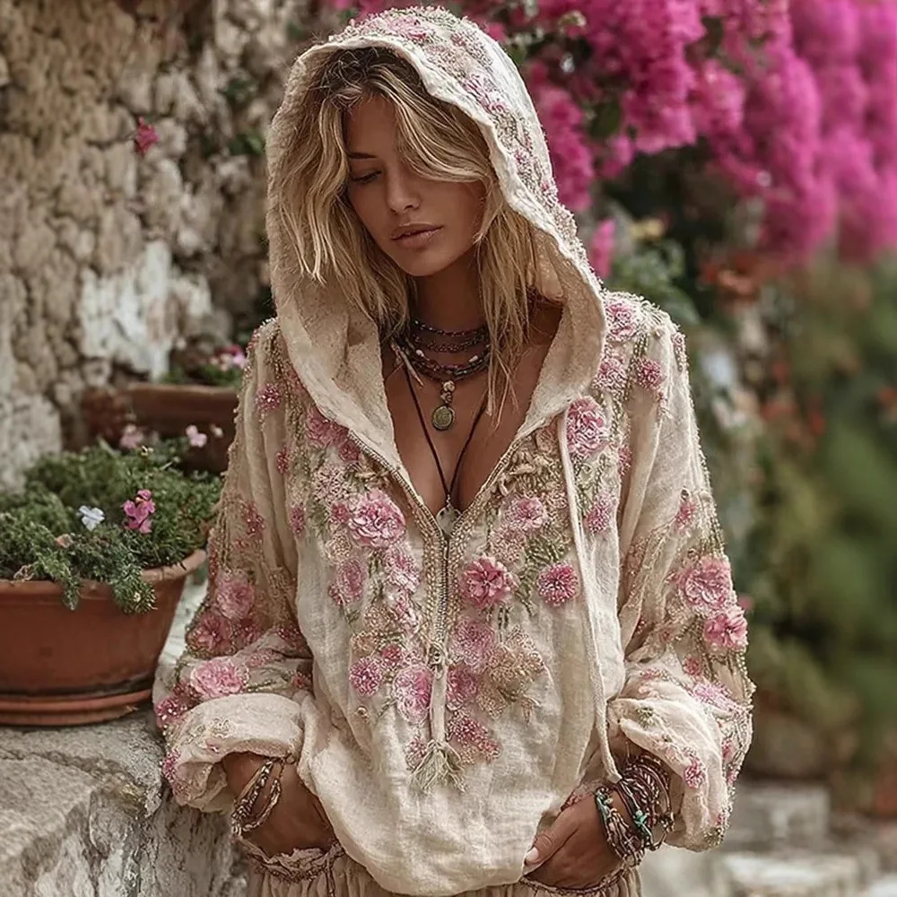 المألوف مقنعين سستة البلوزات المطبوعة المرأة طويلة الأكمام فضفاضة تنوعا الخريف والشتاء البلوز هيربست دامن كليدينغ #4