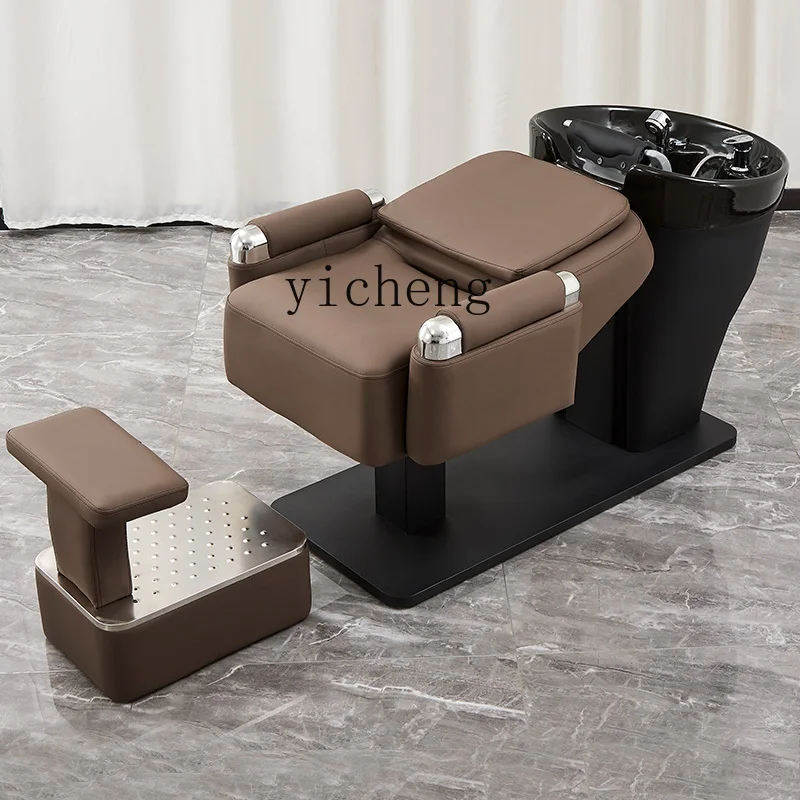 HSN hair salon flush bed ceramic basin shampoo bed semi-reclining silicone headrest beauty bed