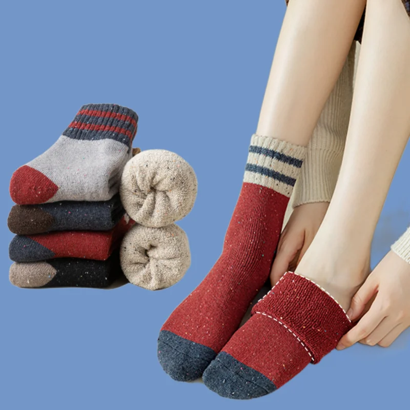 5/10 Pairs New Fashion Women's Mid-tube Socks Striped Dotted Terry Thickened Rabbit Wool Socks Winter Plus Velvet Socks