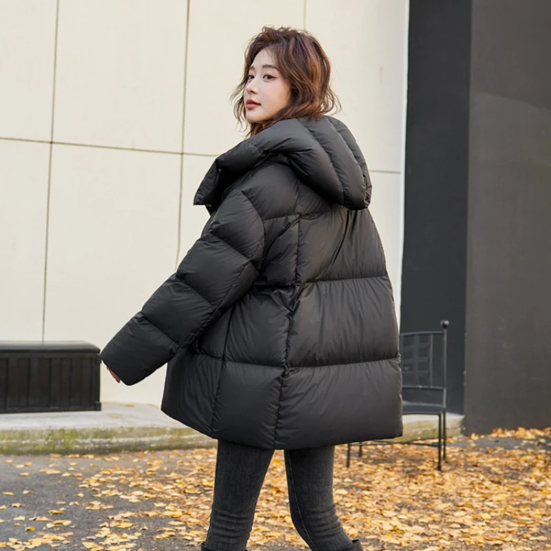 Mid-length Hooded Puffer Jacket for Women, Korean Jackets for Female, Warm Down Coats, Fashion Button Design, Winter Coat, New