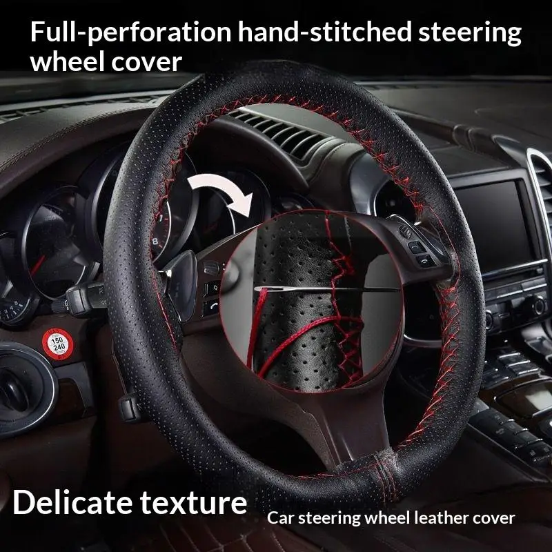 

Чехол для руля автомобиля, сшитый вручную, кожаный, дышащий, противоскользящий, универсальный, подходит для 38 см, с эластичной лентой, текстурный декор