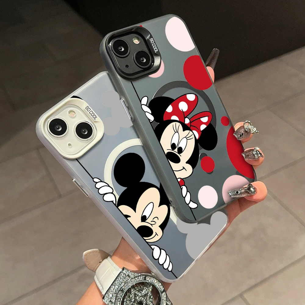 Disney Mickey Minnie Mouse Magsafe Magnetic Phone Case for IPhone 11 12 13 14 15 16 Pro Max Plus Lens Border Silver Plated Cover