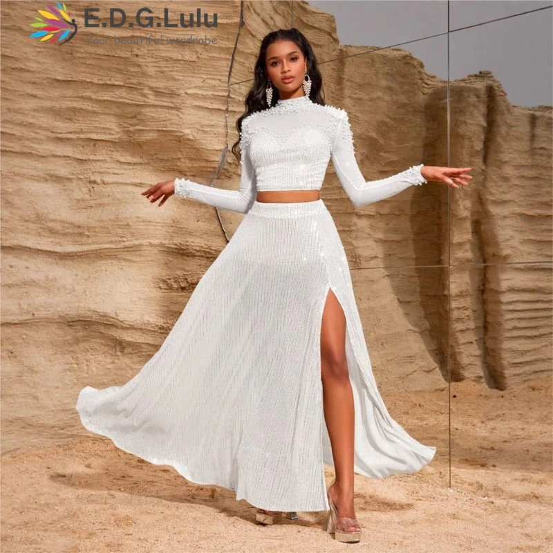 

EDGLuLu Design With Nail Bead Splicing Long Sleeved Short Top+High Slit Half Length Skirt Silver Sequin Two-Piece Set
