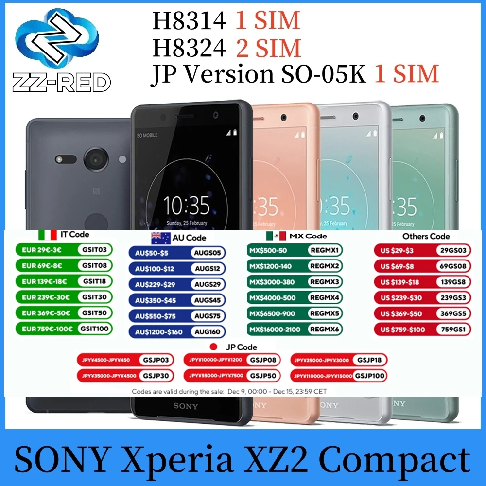 Original Sony Xperia XZ2 Compact SO-05K H8314 H8324 4G Mobile Phone 5.0'' 4GB+64GB Single/Dual SIM Card NFC Android SmartPhone