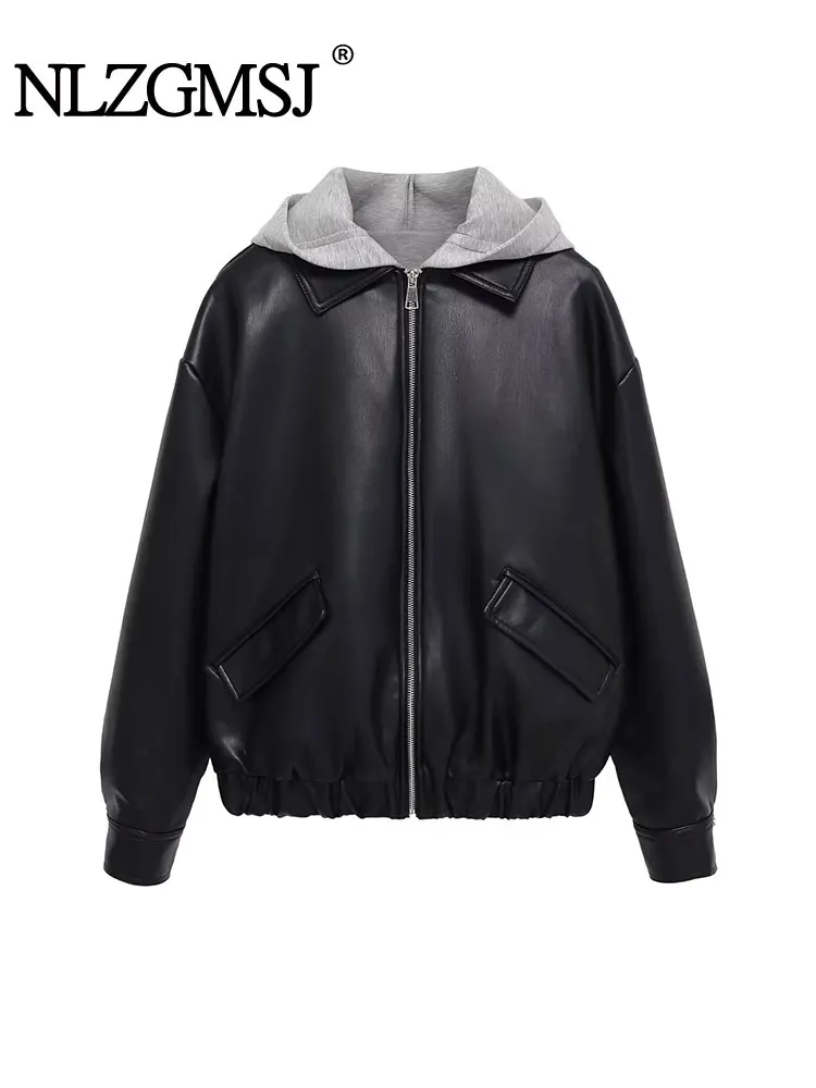 

NLZGMSJ женские винтажные повседневные шикарные однотонные куртки-бомберы с капюшоном и длинными рукавами, новая мода 2025 года, осенне-зимняя кожаная верхняя одежда