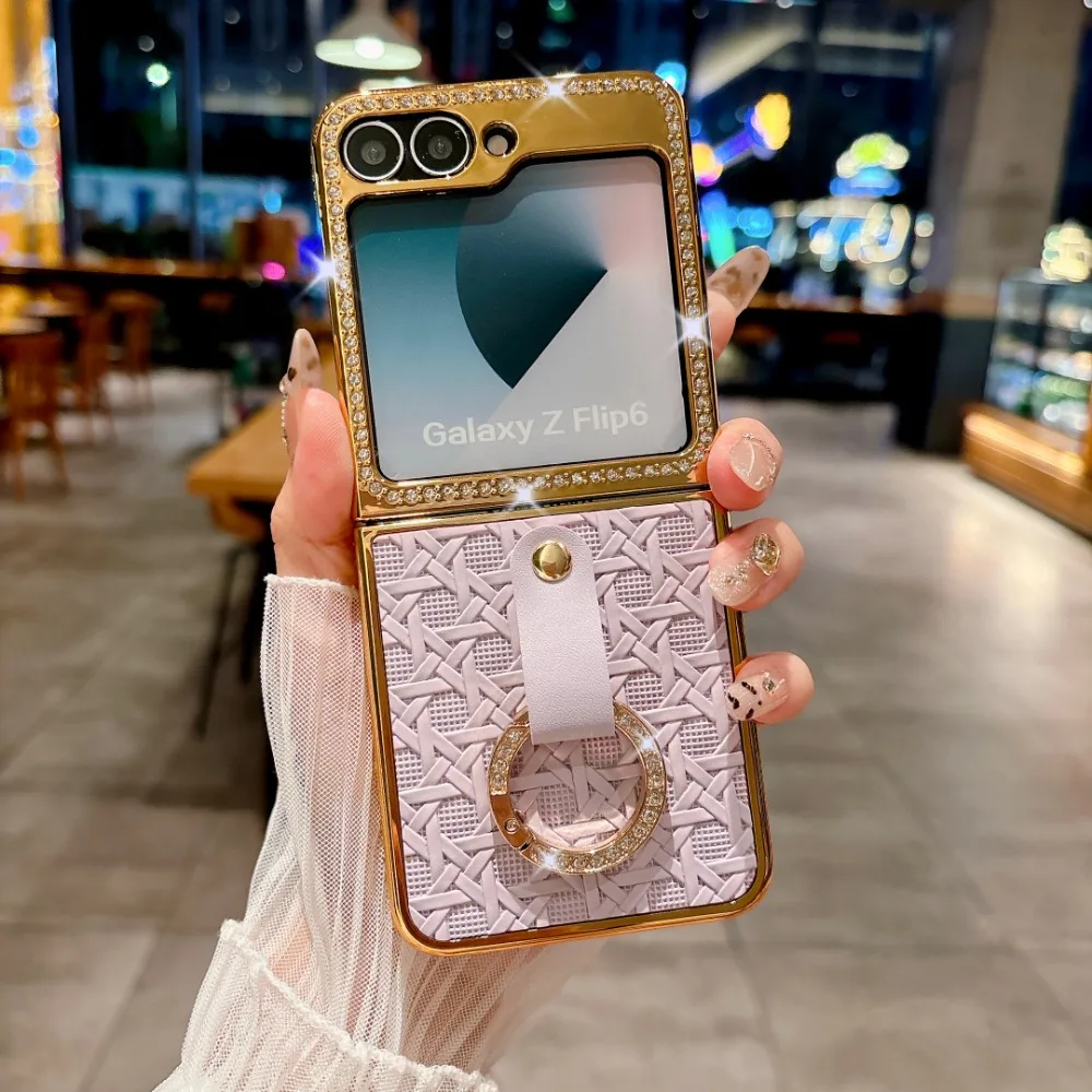 

Чехол для телефона с гальваническим плетением и кожаным кольцом для Samsung Galaxy Z Flip 6 5 Galaxy Flip6 Flip5 5G, защитный чехол