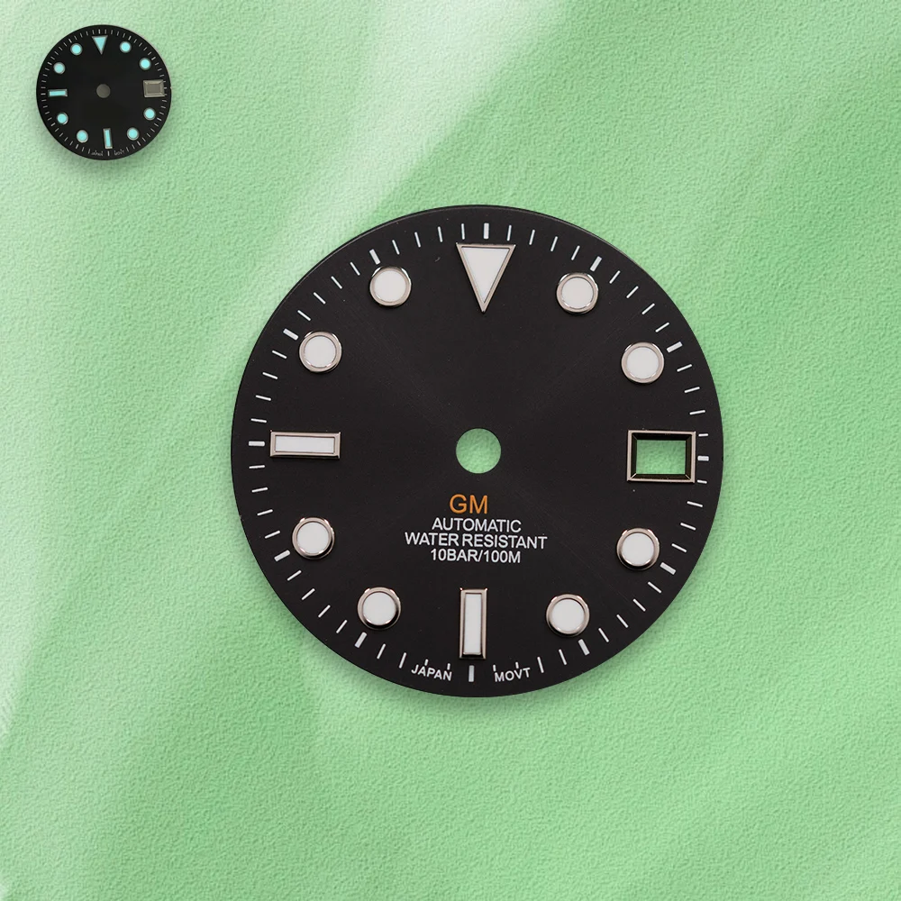 Vendite calde 28,5 mm S Logo quadrante nero GMT Cornice calendario argento Blu ghiaccio Luminoso Fit NH34 Movimento Orologio Accessori per la modifica