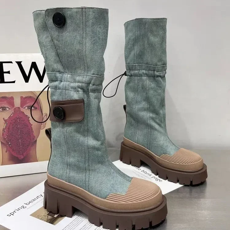 Denim Chelsea Knee High Boots Women Platform Shoe 2024 Designer Winter Flats Shoes Goth Motorcycle Boots Casual Shoes Botas