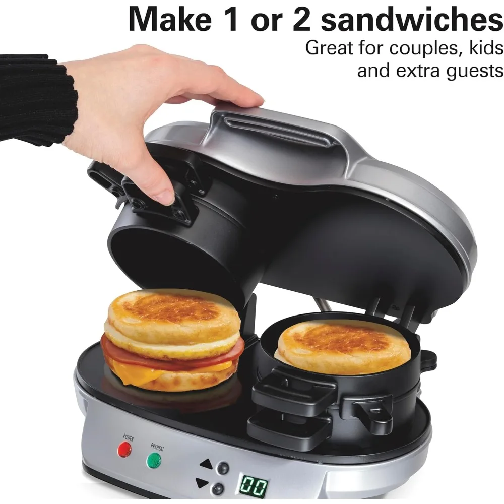 Dual Breakfast Sandwich Maker with Timer,Building your breakfast sandwich comes together in just a few easy steps