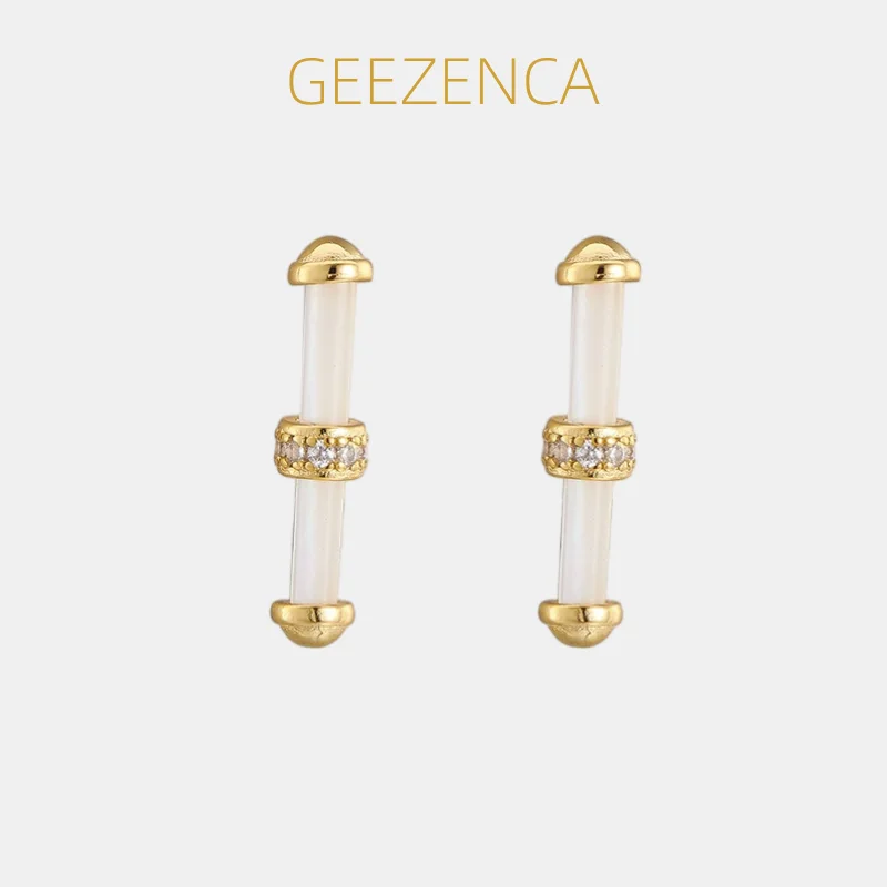 

GEEZENCA S925 Silver Mother of Pearl Long Bar Stud Earrings Women CZ Gold Plated Simple Lightweight Stack Small Earring Her Gift