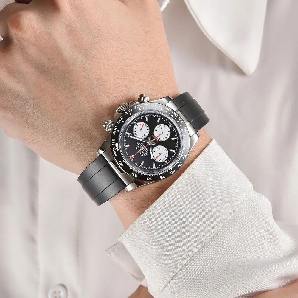 Silver custom men wristwatch VK63 movement chronograph sapphire glass stainless steel strap Business men waterproof watch 10Bar