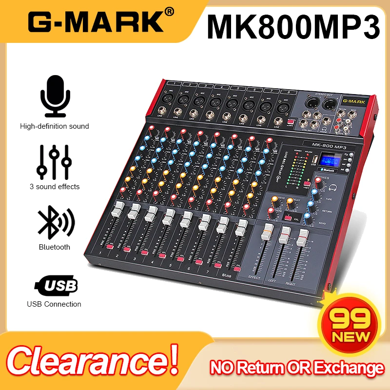 

99 New , Sound Mixer G-MARK MK800MP3 8 Channels Mixing Console Bluetooth Board USB Reverb For PC Stage Studio DJ Controller