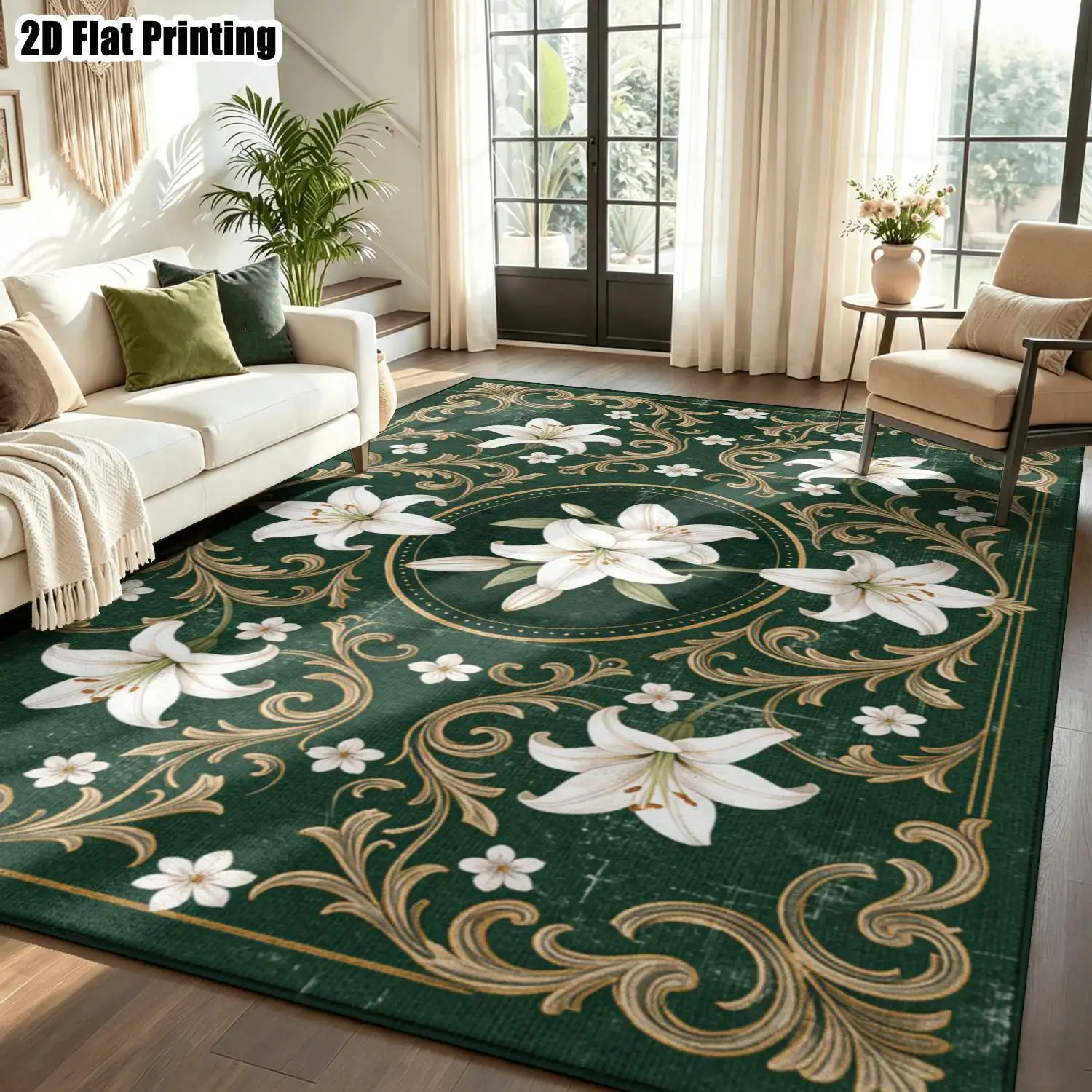 1Pc 2D Printed Dark Green White Lily Vintage European Decor Carpet, Multi-Size Washable, for Entrance, Dining, Living, Bedroom, Study