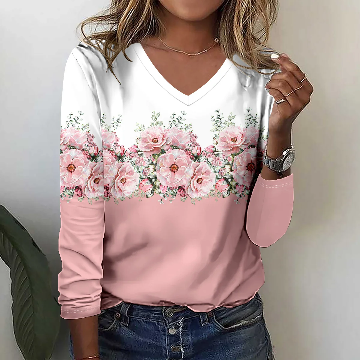 

Fashion Flower stripe pattern 3D Print Women V-Neck Long Sleeve T-Shirt Autumn Casual Breathable Women's Clothing Apparel Tops