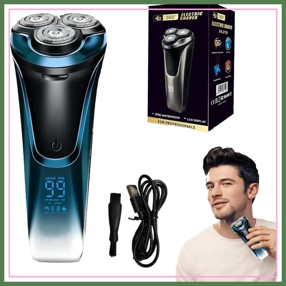 

4D Floating Head Rotary Shaver for Men, LCD Display & Quiet Motor, IPX7 Waterproof, Type-C Charging, Blue