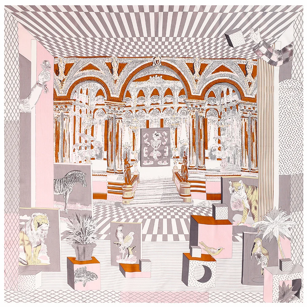 

Silk Scarf Women Animal Museum Print Stoles Square Scarves Wraps Large Bandana Kerchief Hijabs Female Silk Foulards 130CM