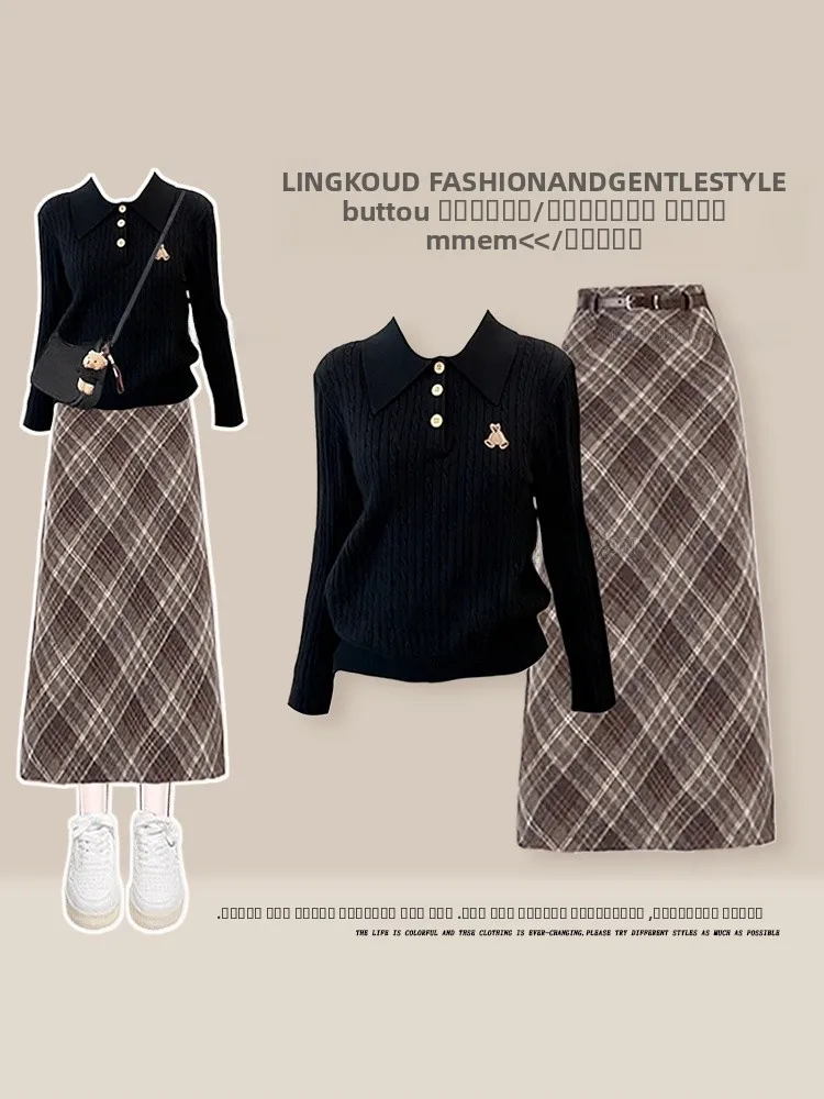 

Autumn Winter Knitted Sweater And Plaid Skirt Set Women's Faion Vintage Sle Ensemble Medium Thin High Waist Skirt