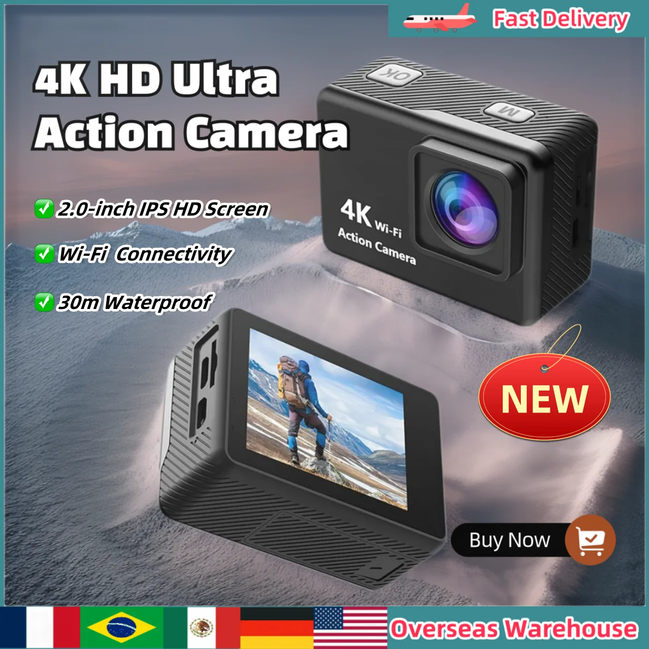 

Action Camera 2.0-inch Ultra HD 4K/30FPS WiFi 30m Underwater Waterproof Helmet Video Recording Cycling Skiing Sport Cameras Gift