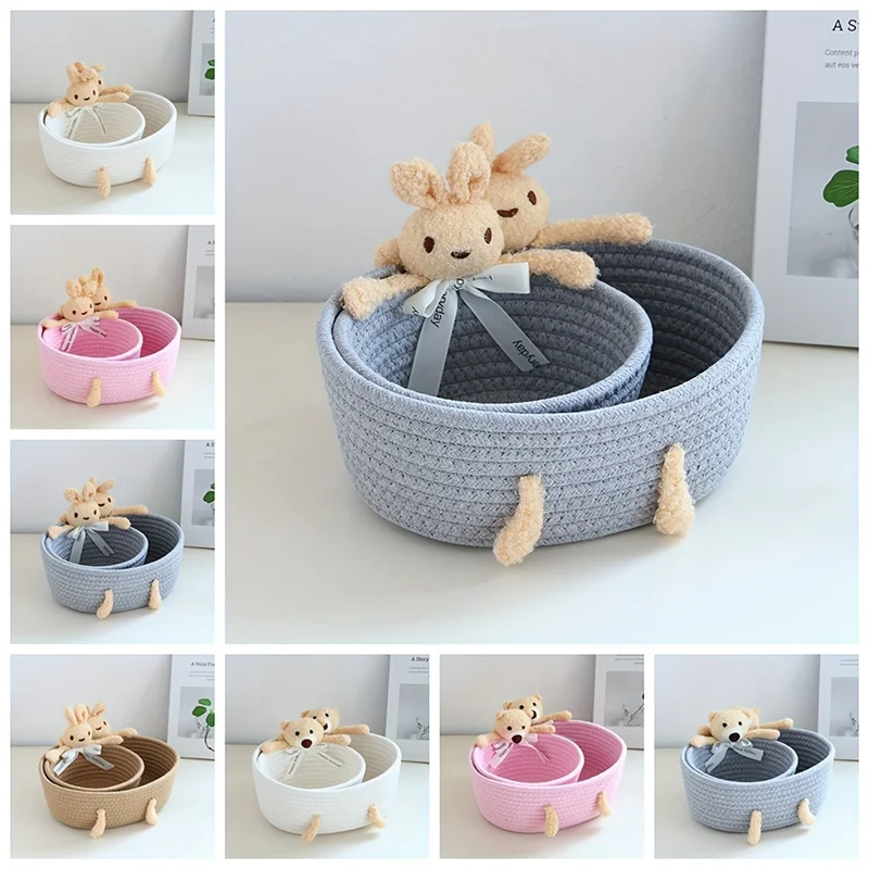 2pcs Hand-Woven Frame Storage Box, Sundries Storage Basket Entrance Cosmetics Storage Frame Cute Rabbit Desktop Small Basket