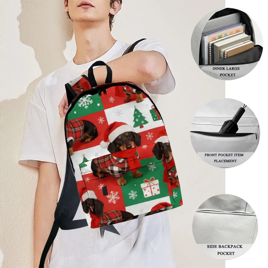 

Festive Dachshund Christmas Backpack, Snowflake Tree All Over Print Casual Daypack for Holiday