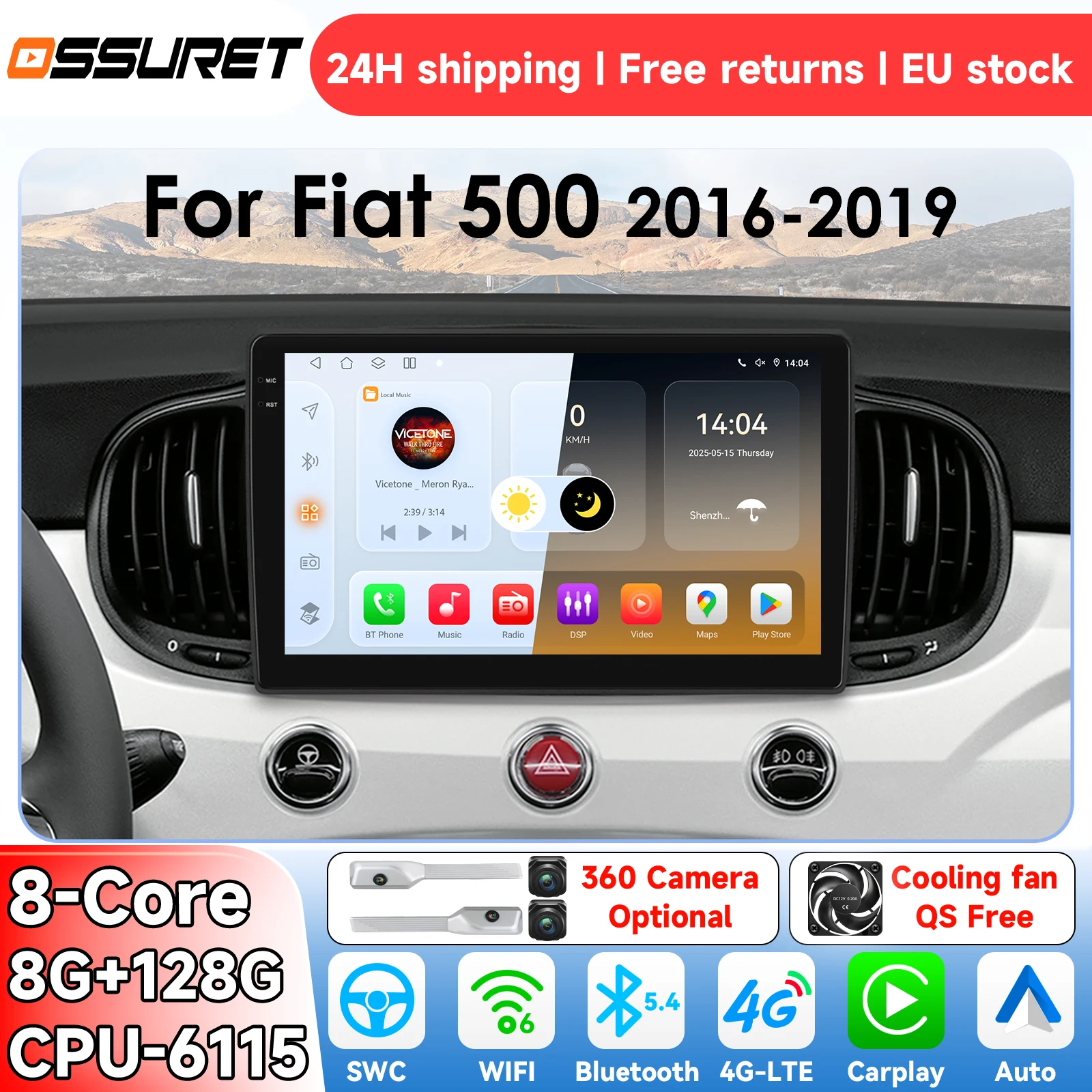 OSSURET Autoradio Android 14 per Fiat 500 2016-2019 Sistema Intelligente Carplay Auto Lettore Multimediale Video GPS 4G DSP 6115