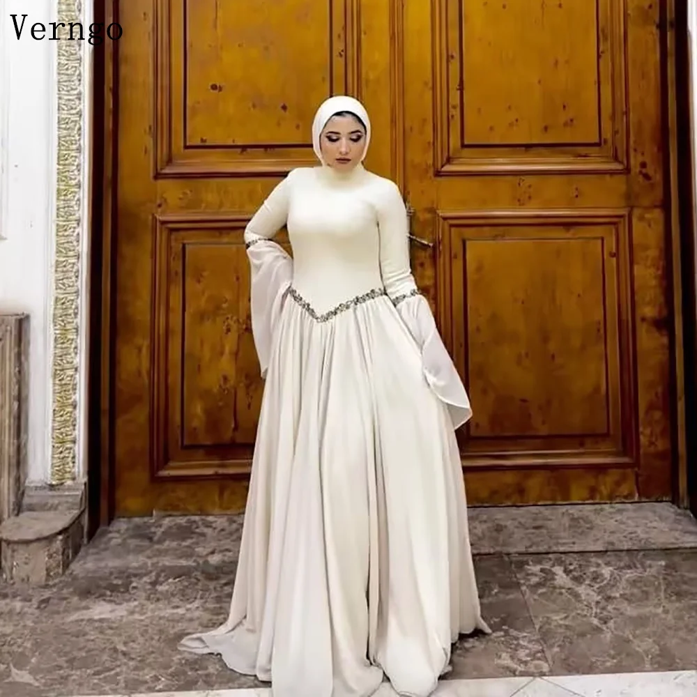 

Verngo lvory Crepe Evening Dress Women Elegant Modest Muslim Prom Dress With Sleeves A Line Party Dress Pius Size Customized