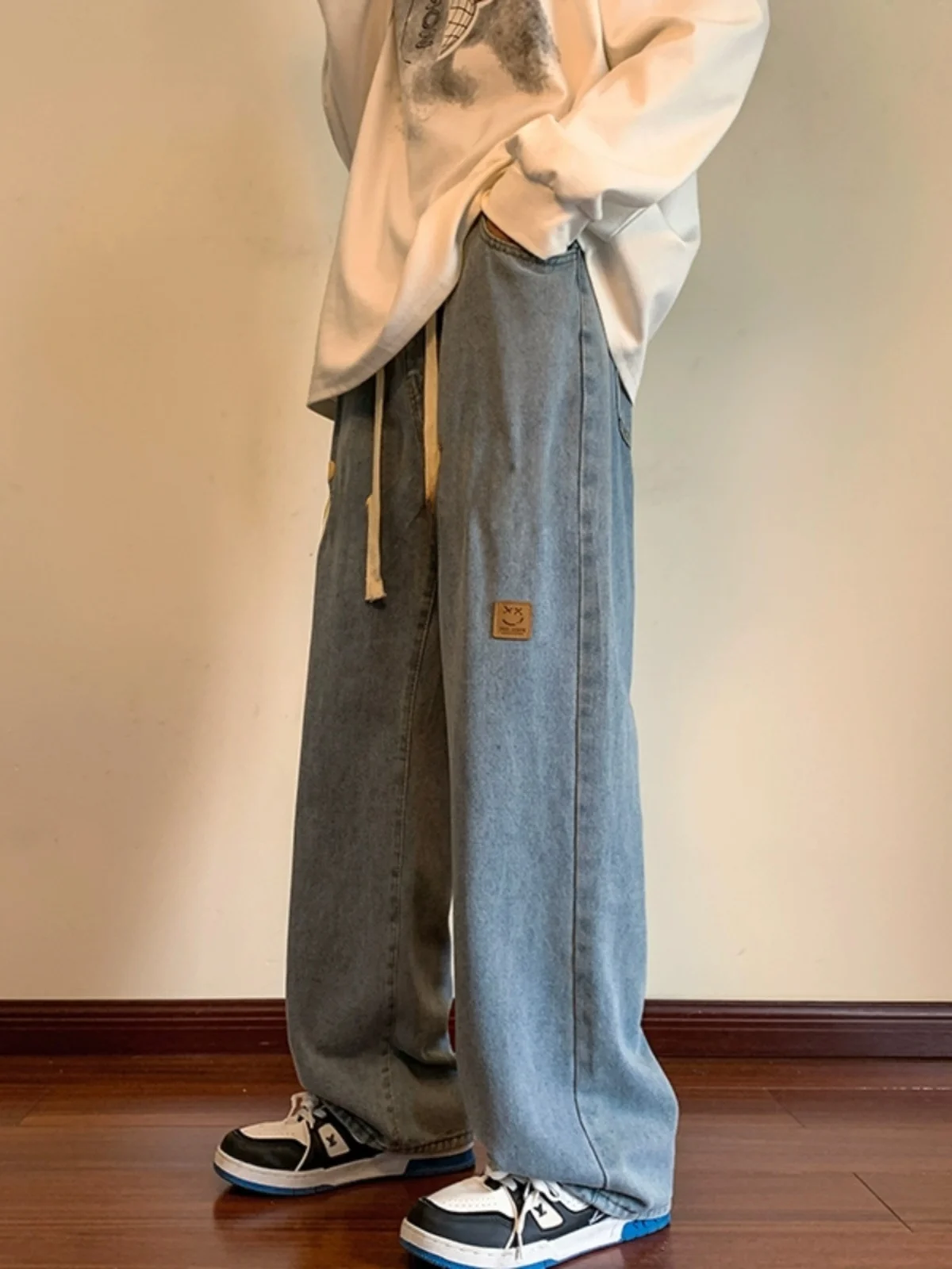 

American Sle Straight Leg Faded Jeans Men's Spring Autumn Street Hip Hop Loose Trendy Brand Elastic Waist Japanese Sle Me...