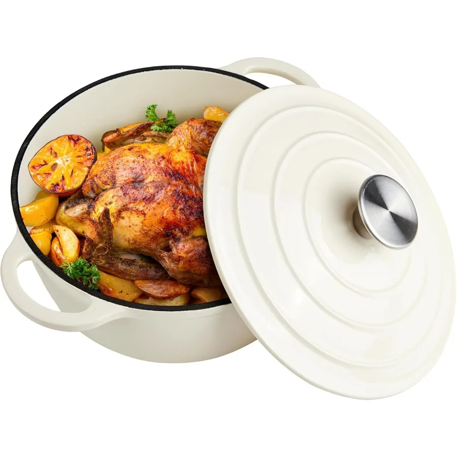 

6-литровая голландская духовка, эмалированный чугун с крышкой, большая духовка с двумя ручками, безопасная до 500F, классическая круглая кастрюля для универсального приготовления пищи Cr