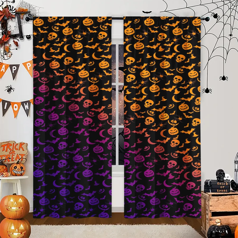 2PCS Digital Print Curtain, Gradient Pumpkin Faces Pattern, Orange Purple Halloween Ombre Style for Living Room Bedroom Decor