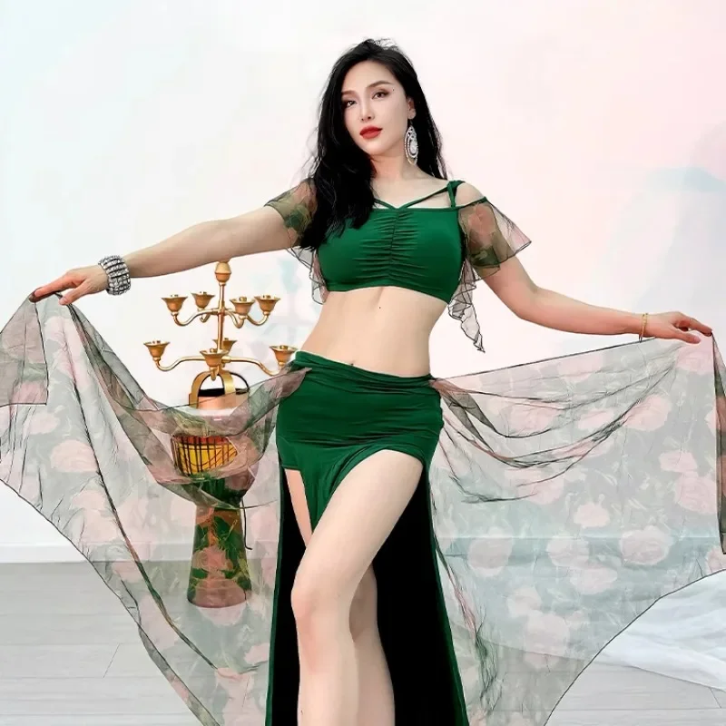 

customized belly dance costume practice outfit ink rhyme flowing yarn imitation silk veil skirt set modal green top long skirt