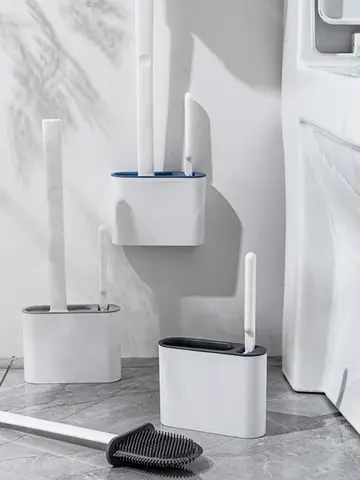 Wall Hanging Toilet Brush with Holder Long Handled Silicone Toilet Brush Soft Bristles WC Cleaning Brush Bathroom Accessories