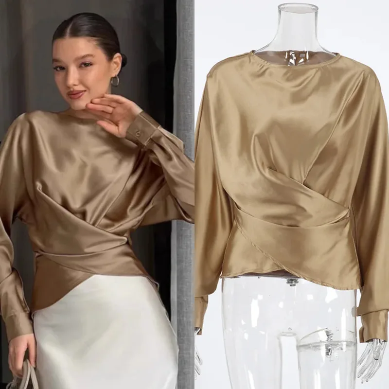 

Elegant Satin Round Neck Blouse Womens Long Sleeve Pullover Top With Draped Fabric For Chic Office Style And Daily Wear Chic