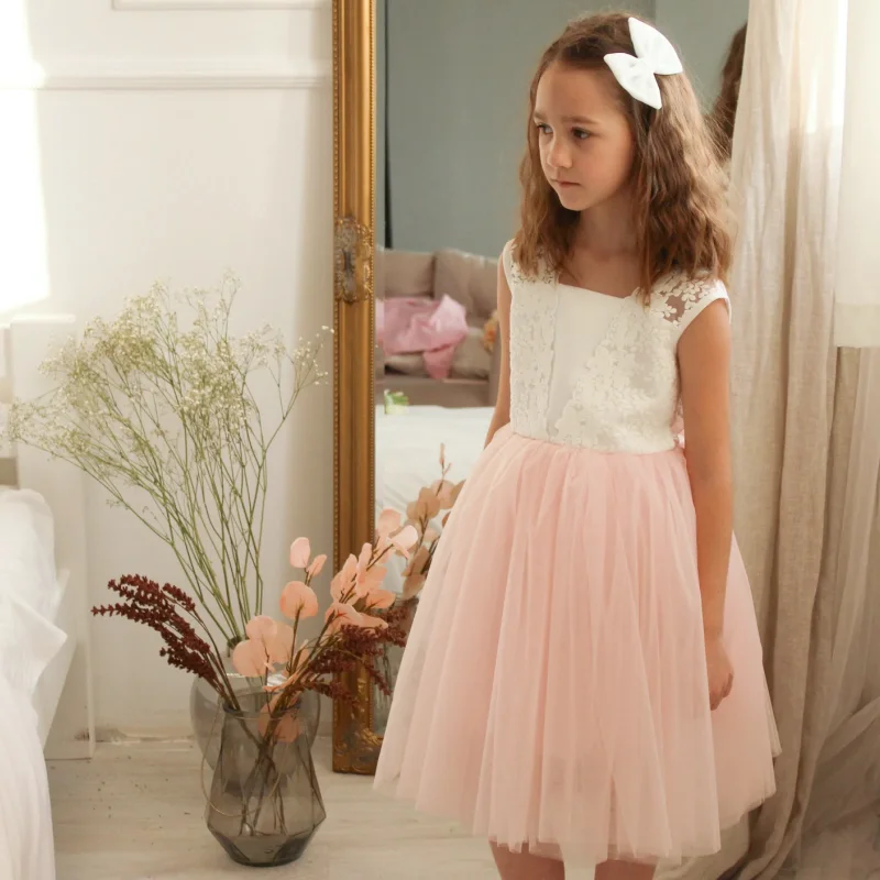 White Pink Flower Girl Dresses Tulle Puffy Appliques With Bow Sleeveless For Wedding Birthday Party First Communion Gowns