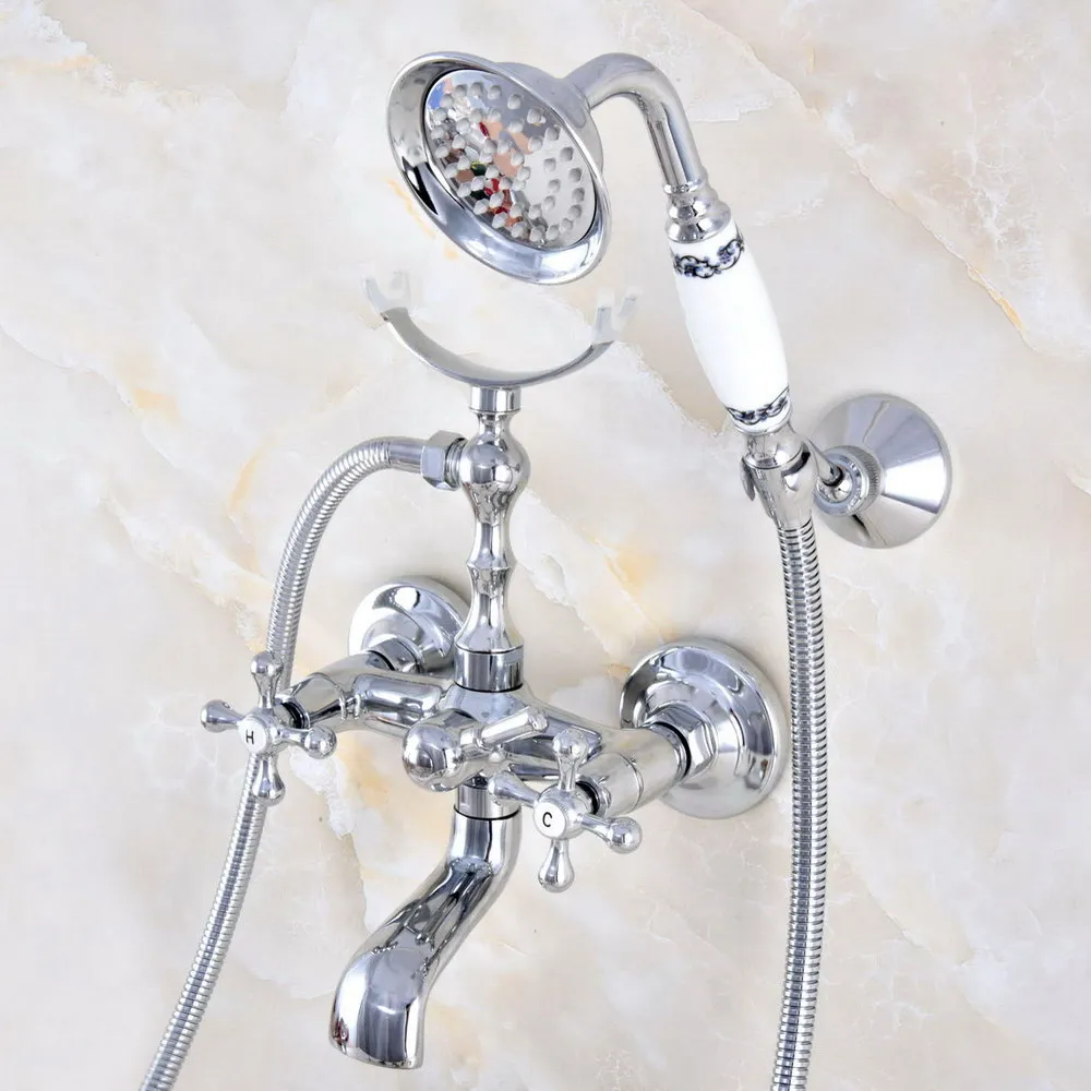

Polished Chrome Brass Wall Mounted Bathroom Tub Faucet Set WITH/ 1.5M Handheld Shower Spray Head Mixer Tap Dna720