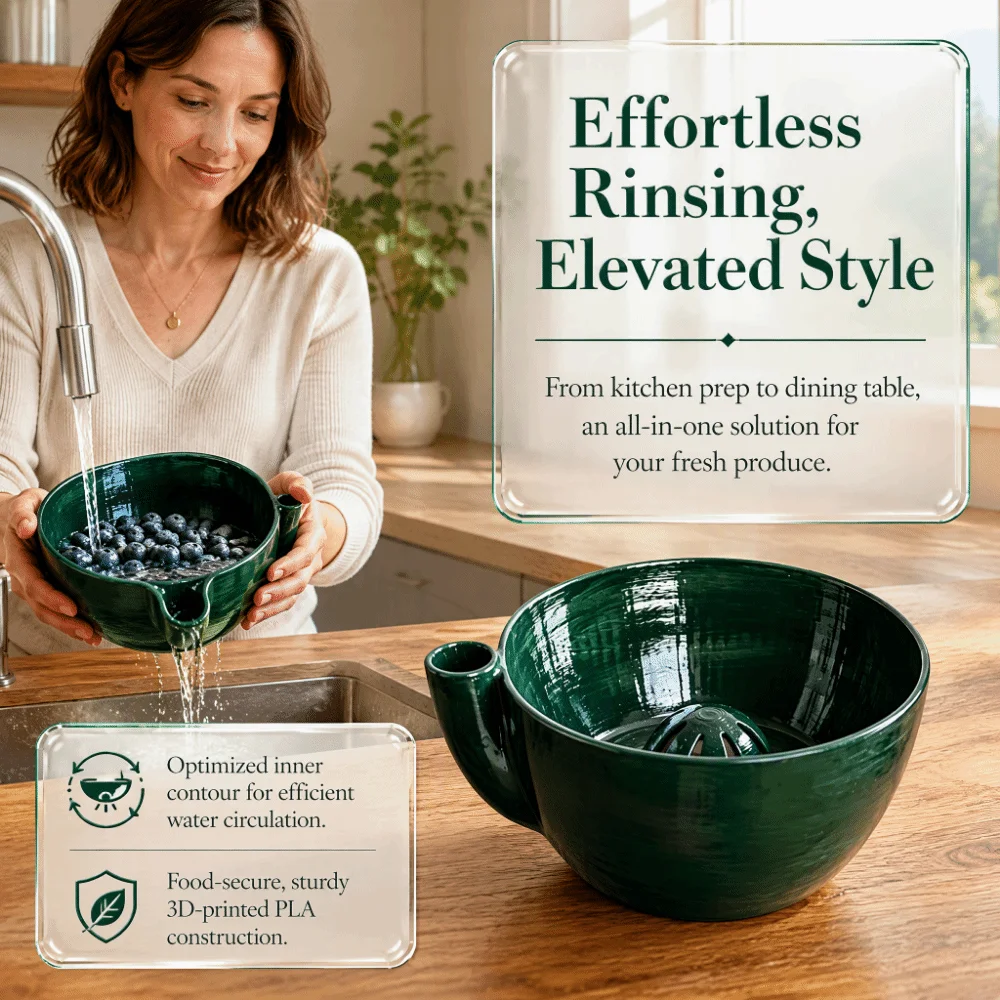 3D Printed Berry Washing Bowl Colander Design Pine Green Finish Fruit Washing Bowl PLA Material Vegetable Washing Bowl