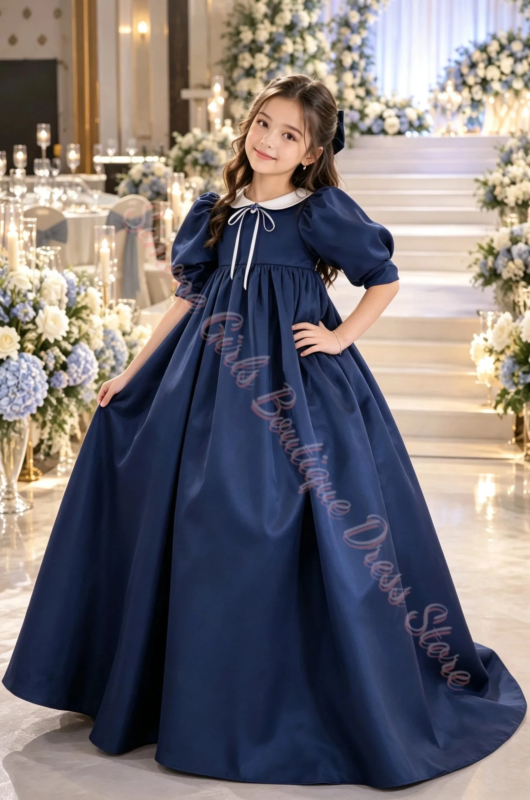 Maßgeschneidertes, blaues, flauschiges Blumenmädchenkleid für Hochzeiten, mit Puppenkragen, aus Satin, mit 3/4-Ärmeln, für die Erstkommunion, Kindergeburtstagsfeier, Großhandel – Detail 4
