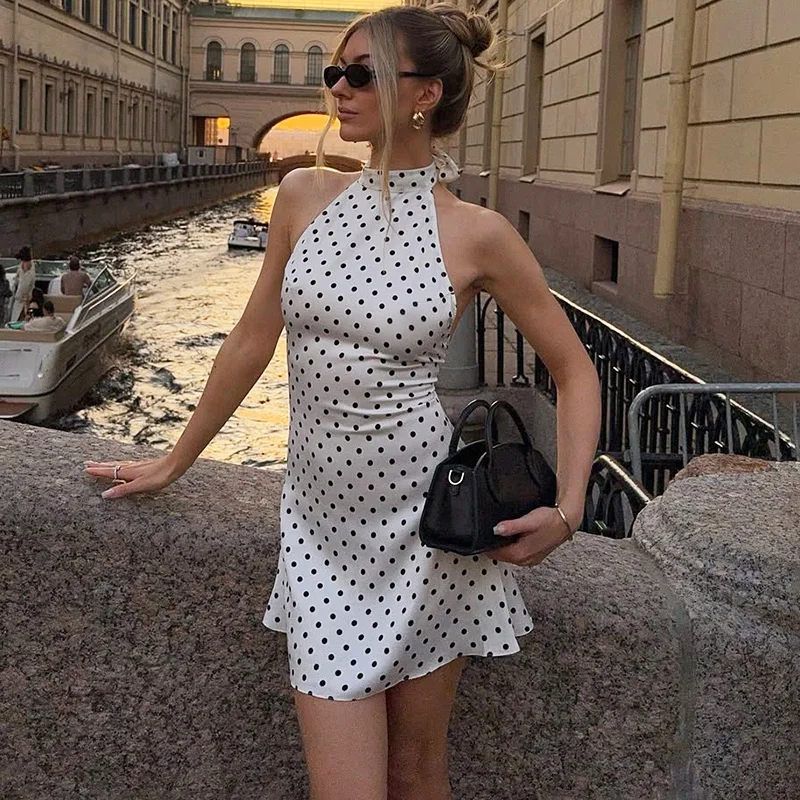 

Tornova Polka Dot Halter Sleeveless Dress For Women Sexy Backless Fashion Mini Dress Elegant Slim Fashion Vacation Party Clothes