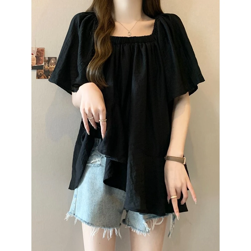 plus Size Women's Square Ne Uneven ort Sve Chiffon Top Summer Loose Slimming Lace Trimmed Blouse Cloud Flng Four Seas