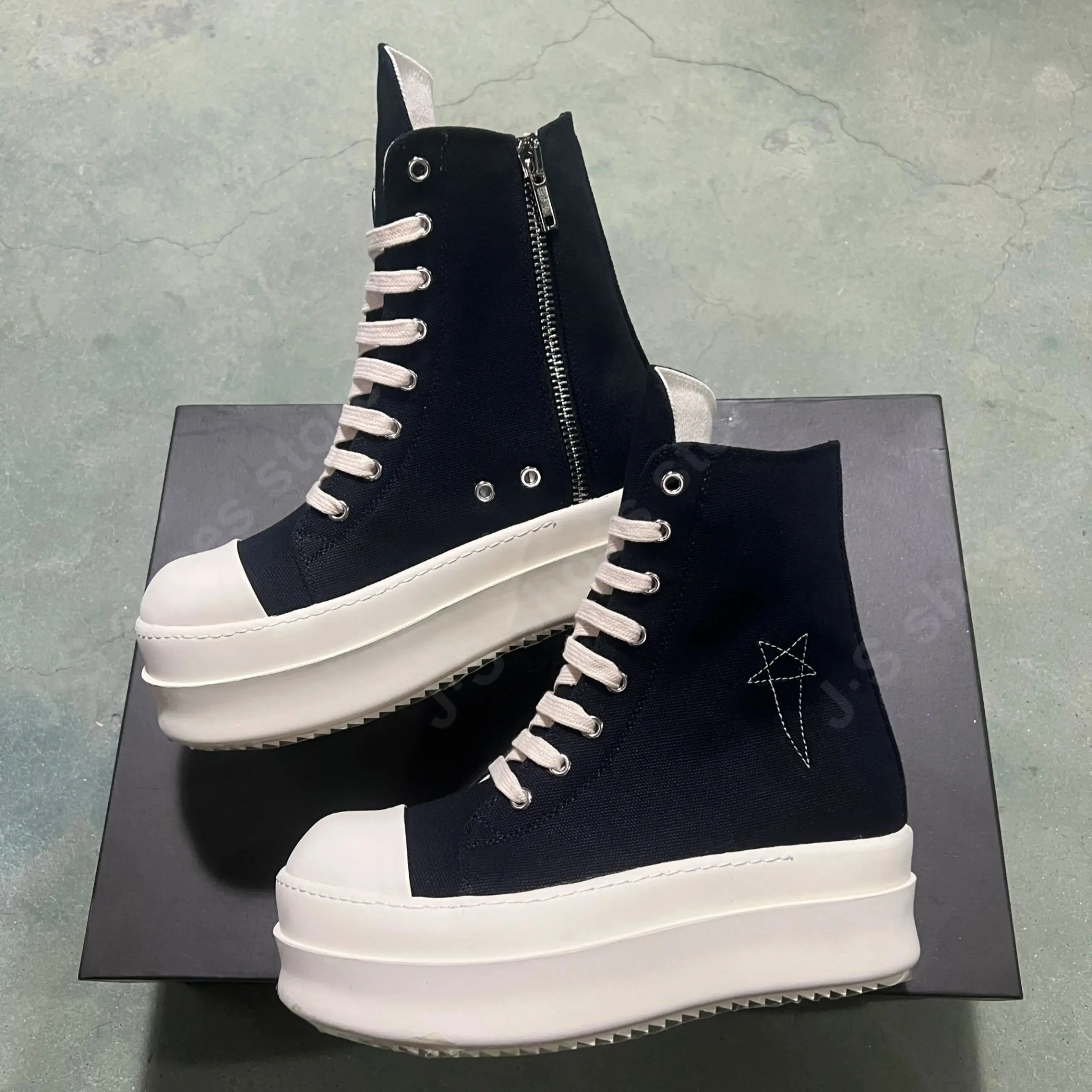 Ricks Pentagram Men Sneaker Women Black Canvas Shoe Owens Ankle Boot Lace Up ZIP Platform 6cm Thick Sole High Top Casual Boots