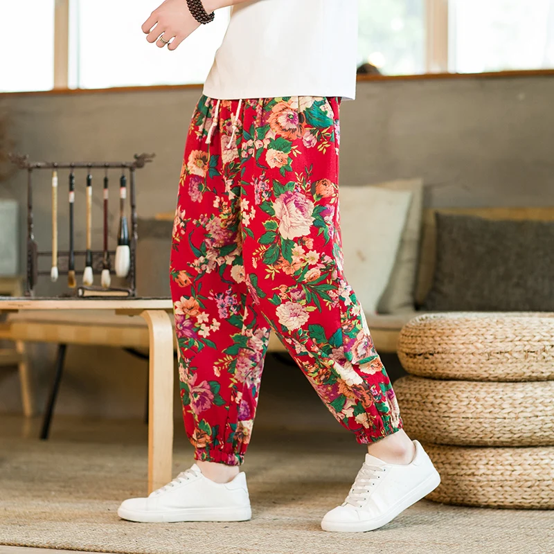 

Новые летние большие мужские свободные повседневные брюки из хлопка и льна с цветочным принтом, удобные дышащие летние брюки для отдыха