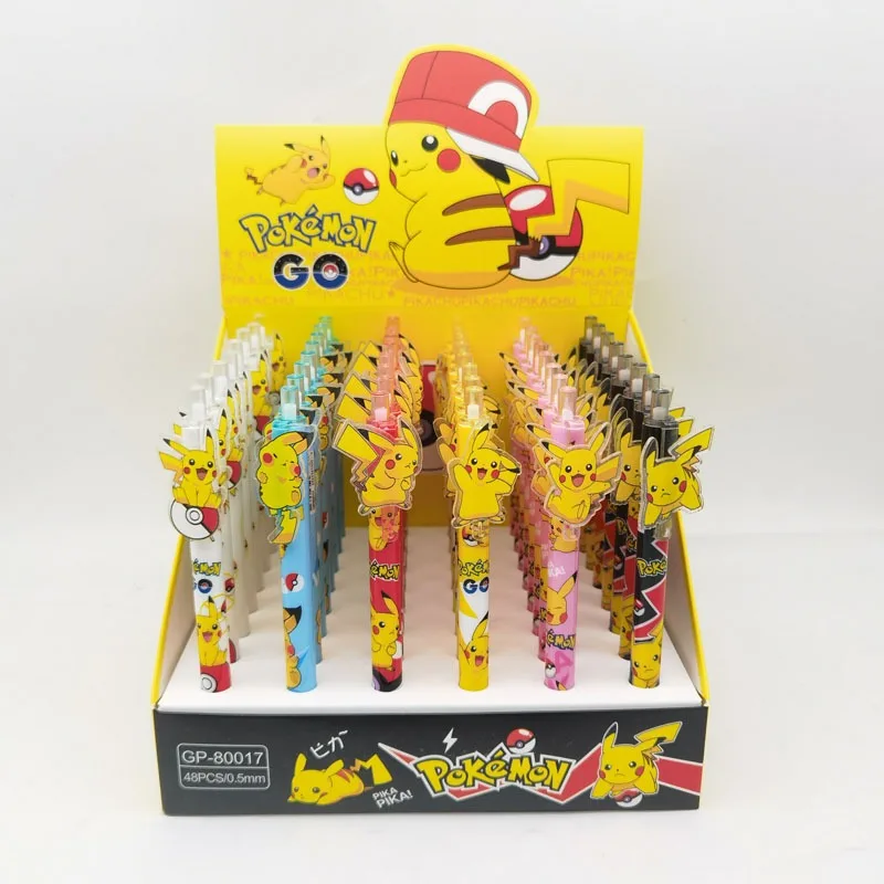 

48pcs/box Kawaii Pikachus Stand Topper Gel Pen 0.5mm Black Ink Writing Pen Cute Cartoon Anime Stationery for School Office