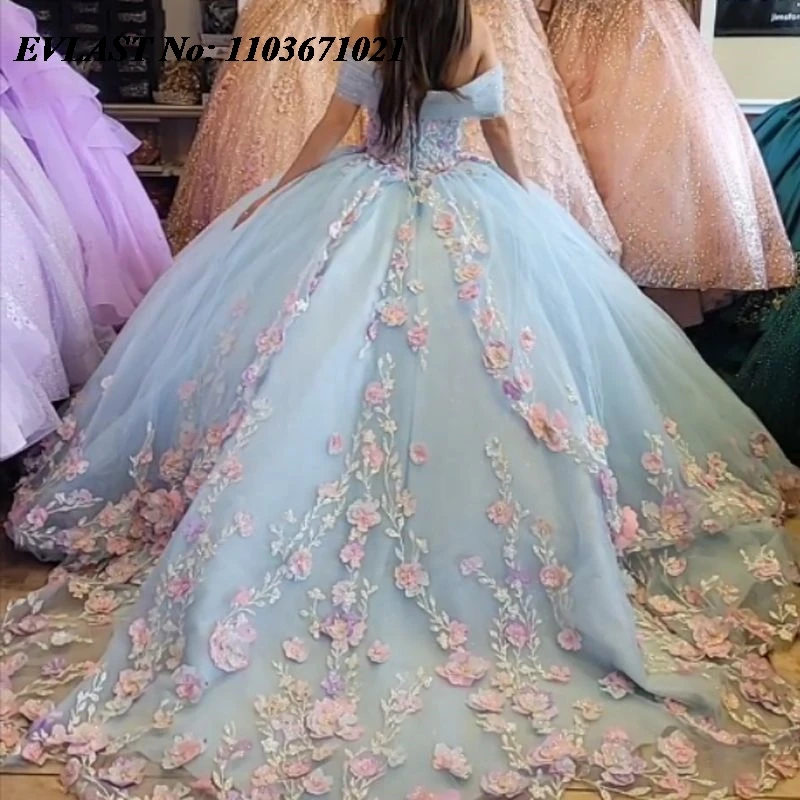 EVLAST-Robe de RhQuinceanera bleue scintillante, appliques florales roses, perles, corset diamant, Sweet 16, robe éducative de XV 15 Anos SQ48