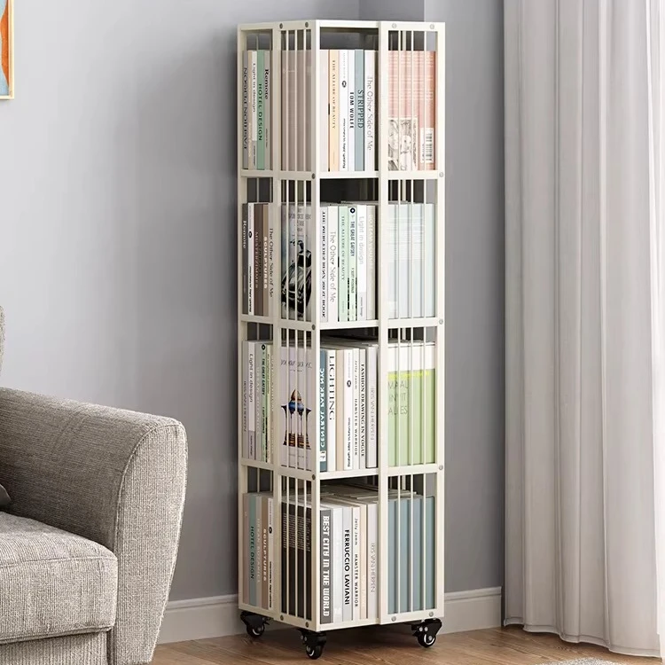 Rotating bookshelf shelf Floor-to-ceiling wrought iron narrow shelf Student book storage rack Simple 360-degree mobile bookcase