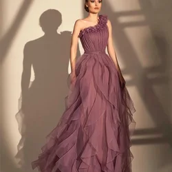 Customized Romantic Prom Dresses One-Shoulder 3D Appliques Pleat Ruffle Sleeveless Exquisite High Quality Party Gown for Women
