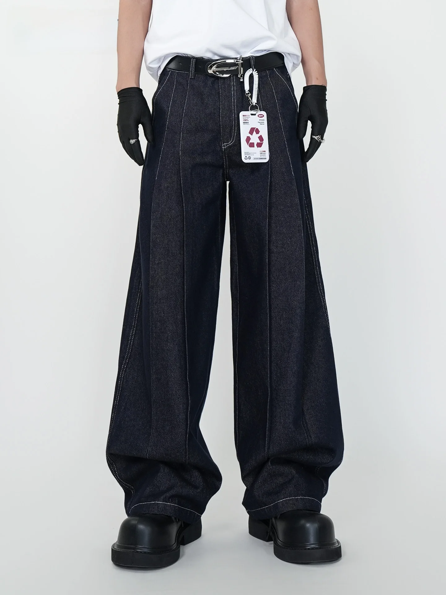 

Versatile High Waist Wide Leg Denim Jeans Men Women Loose Knife Pleated Design Vintage Floor Length Pants All Seasons