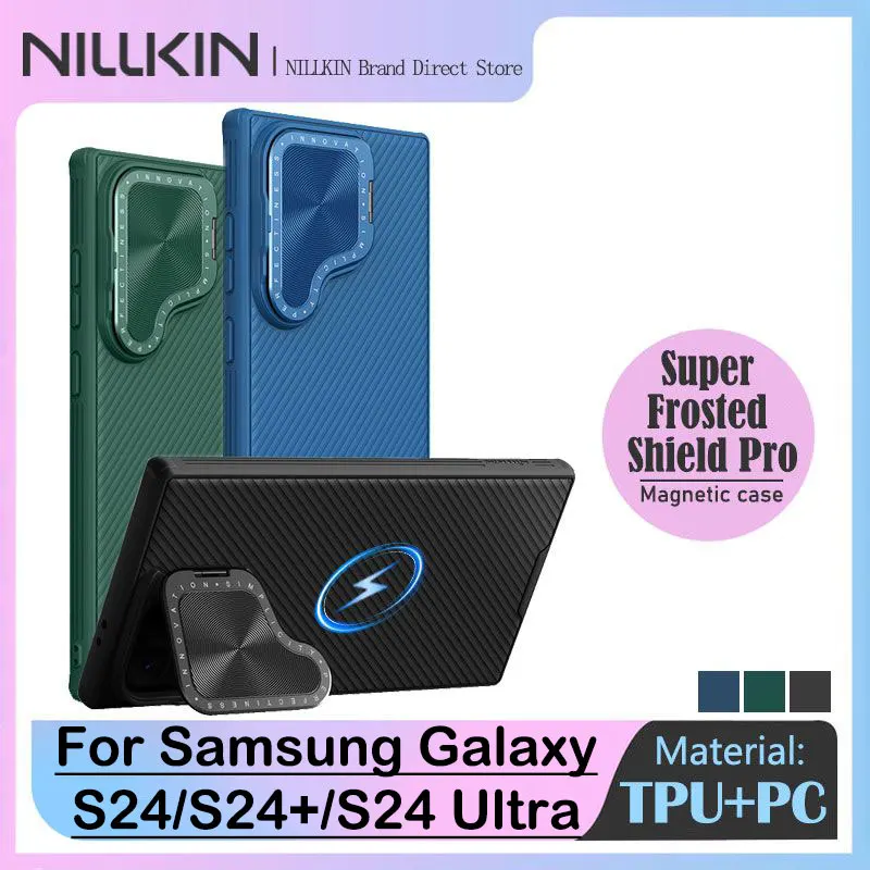Funda magnética NILLKIN para Samsung Galaxy S24/S24 Plus/S24 Ultra, cubierta de lente estilo abatible, experiencia MagSafe, airbags anticaída