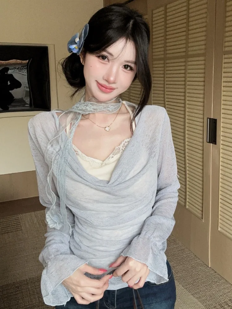 

Korean Style Slim Fit Long Sleeve T-Shirt with Sash Spring Summer Slimming Sun Protection Fake Two-Piece Women's Top