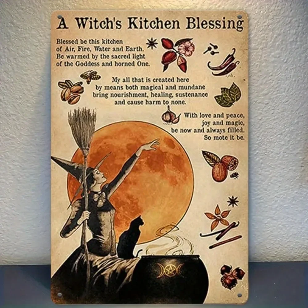 Retro Witch Kitchen Blessing Metal Sign - 8x12 Inch Iron Wall Decor | Multi-Purpose for Home & Garden, Durable High-Quality Iron